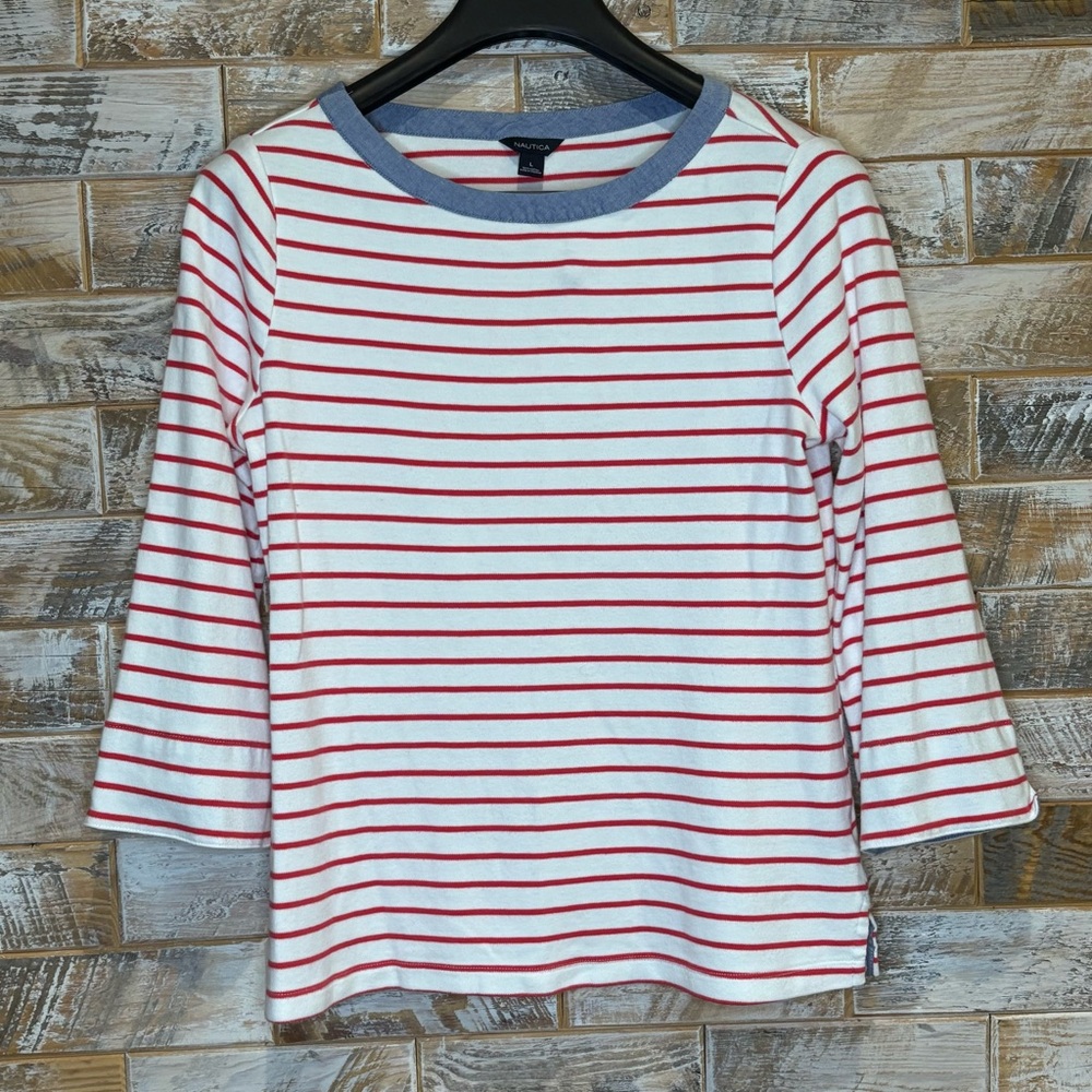 Nautica Red and white Striped Cuffed Sleeve Shirt.  Good condition.  Size L